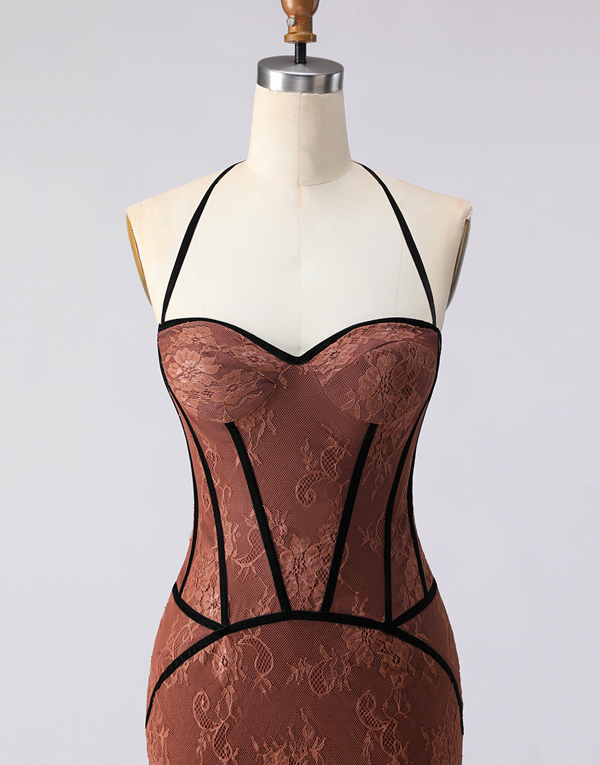 Brown Halter Lace Mermaid Long Corset Prom Dress