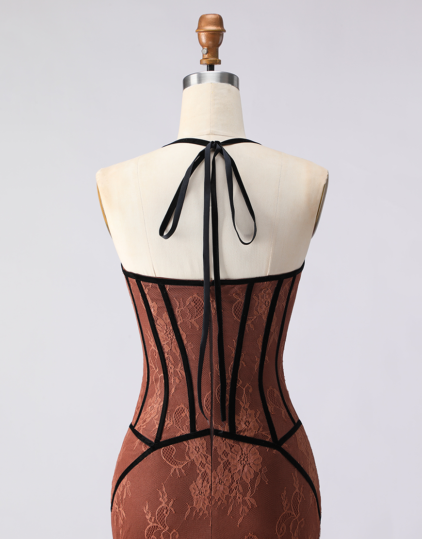 Brown Halter Lace Mermaid Long Corset Prom Dress