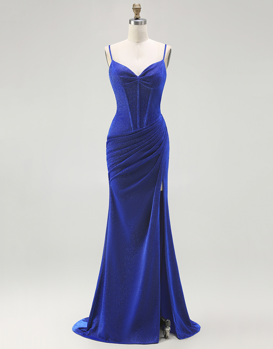 Royal Blue Mermaid Corset Long Prom Dress with Slit