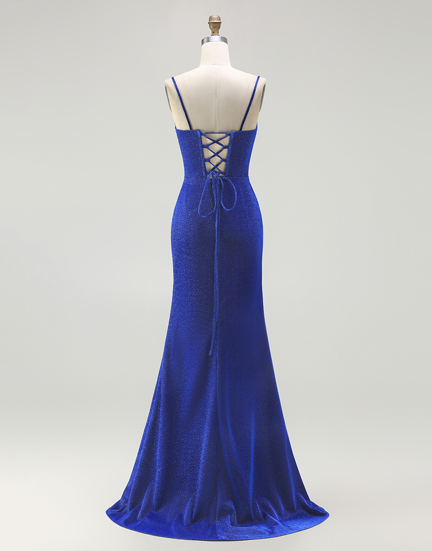 Royal Blue Mermaid Corset Long Prom Dress with Slit