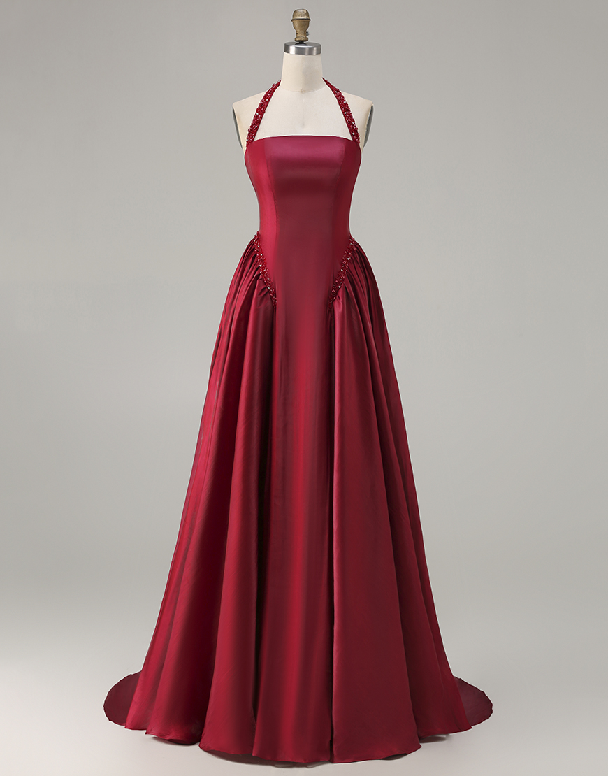 Sparkly Burgundy Halter Satin Long A-Line Prom Dress with Sequin