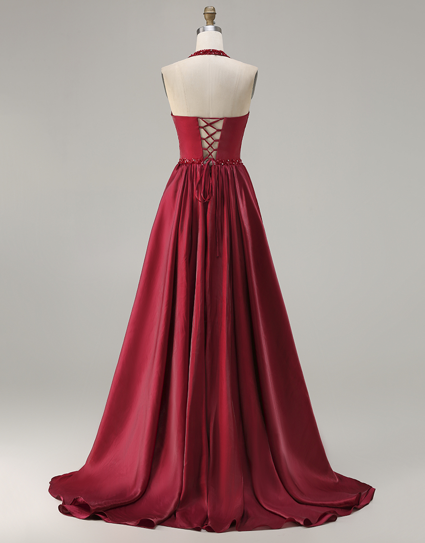 Sparkly Burgundy Halter Satin Long A-Line Prom Dress with Sequin
