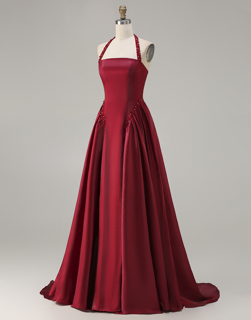 Sparkly Burgundy Halter Satin Long A-Line Prom Dress with Sequin