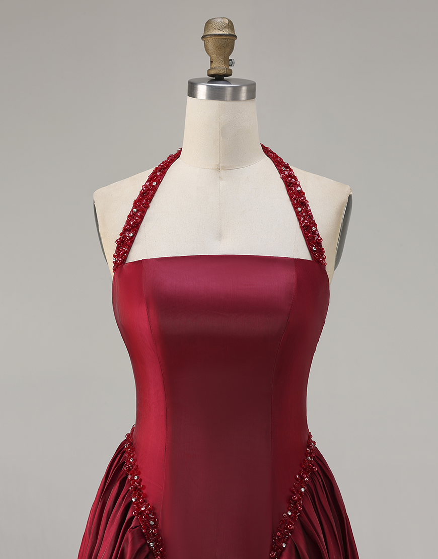Sparkly Burgundy Halter Satin Long A-Line Prom Dress with Sequin