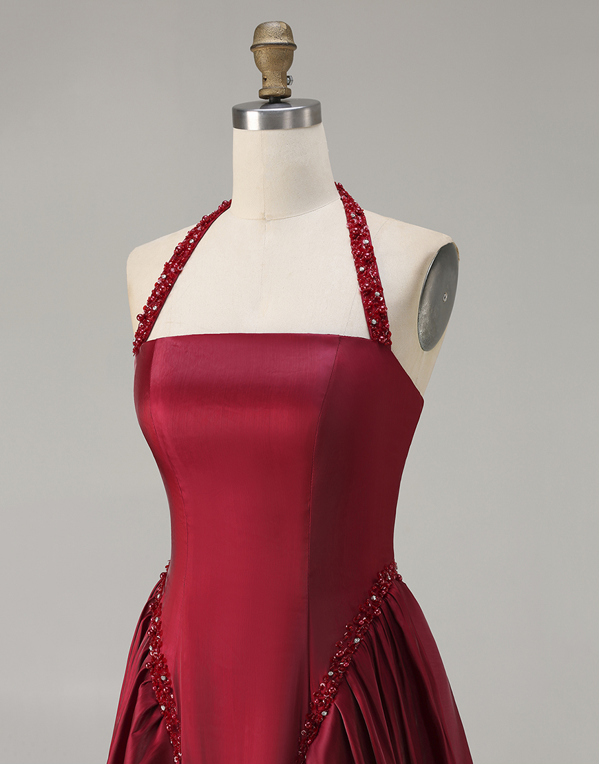 Sparkly Burgundy Halter Satin Long A-Line Prom Dress with Sequin
