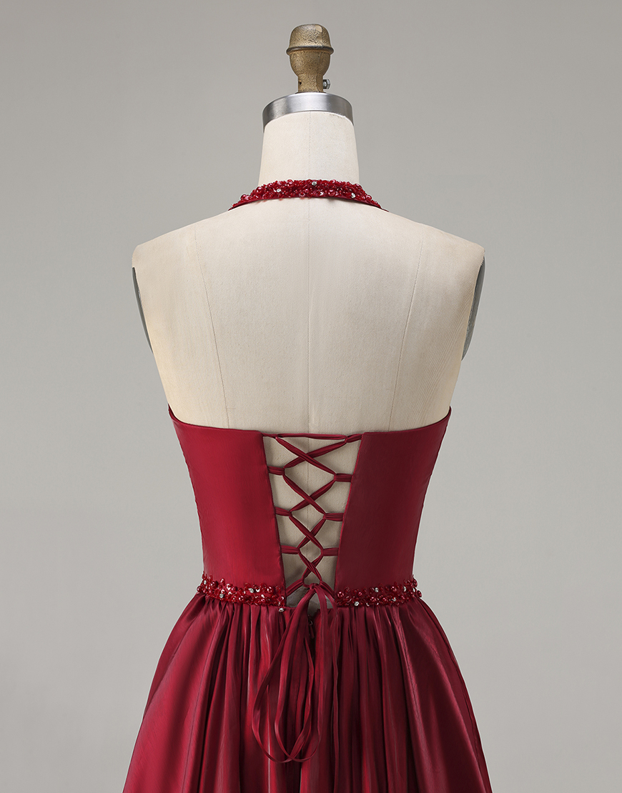 Sparkly Burgundy Halter Satin Long A-Line Prom Dress with Sequin