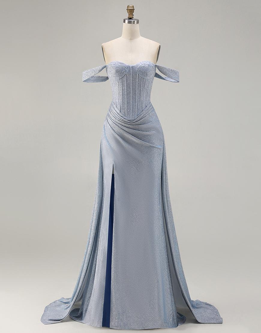 Dusty Blue Corset Off the Shoulder Ruched Long Prom Dress with Slit
