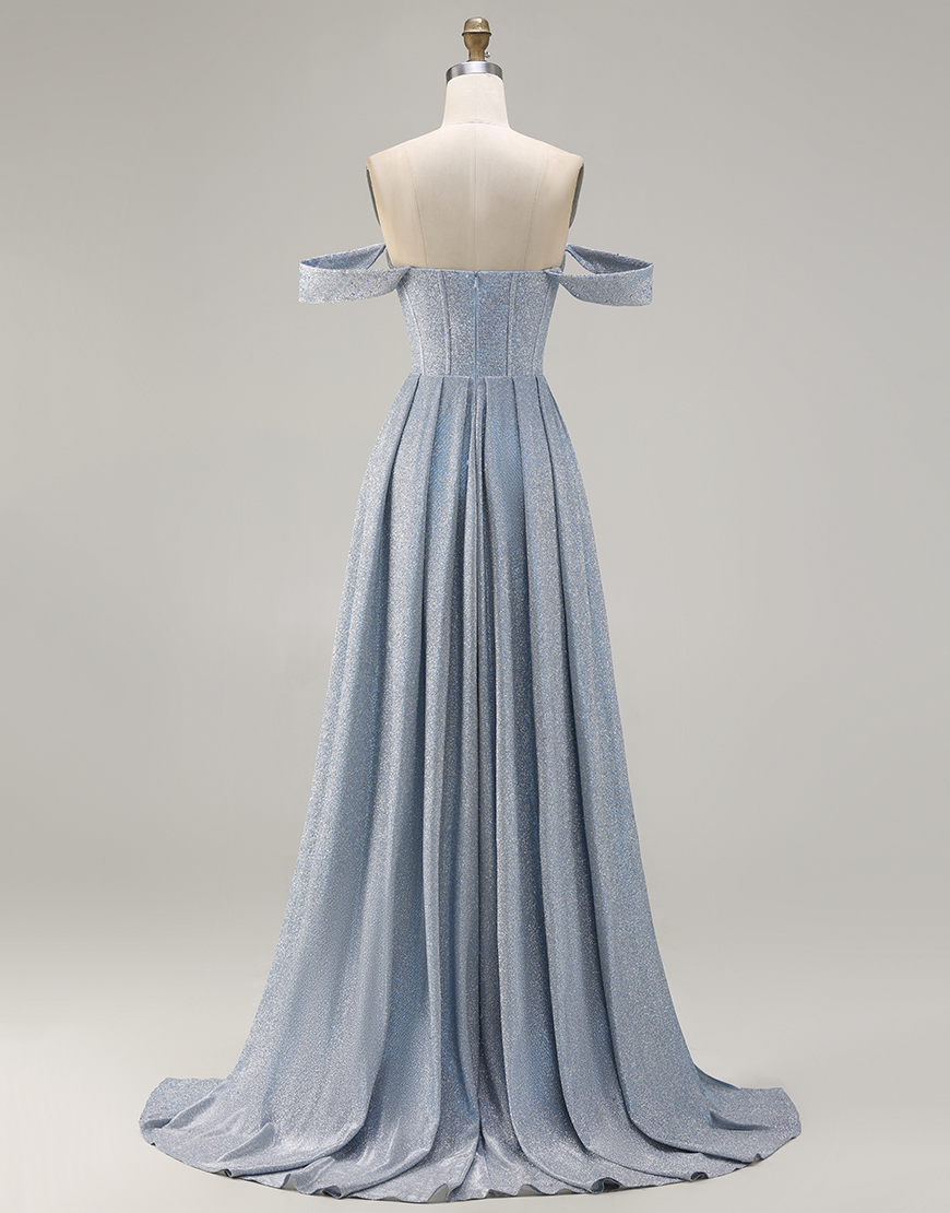 Dusty Blue Corset Off the Shoulder Ruched Long Prom Dress with Slit