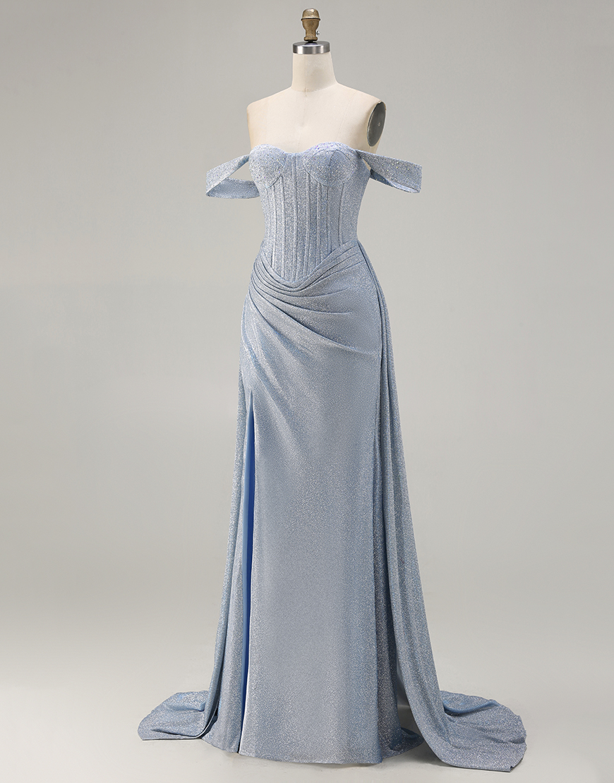 Dusty Blue Corset Off the Shoulder Ruched Long Prom Dress with Slit