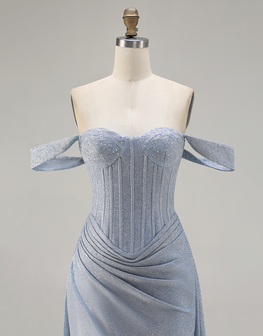 Dusty Blue Corset Off the Shoulder Ruched Long Prom Dress with Slit