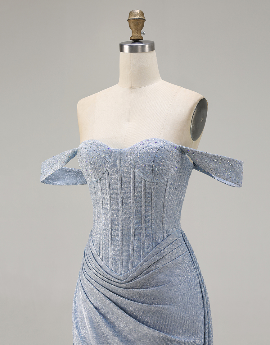 Dusty Blue Corset Off the Shoulder Ruched Long Prom Dress with Slit