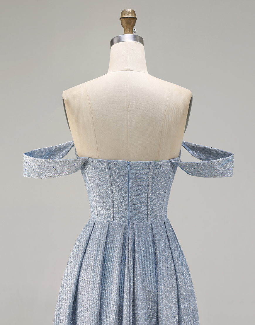 Dusty Blue Corset Off the Shoulder Ruched Long Prom Dress with Slit