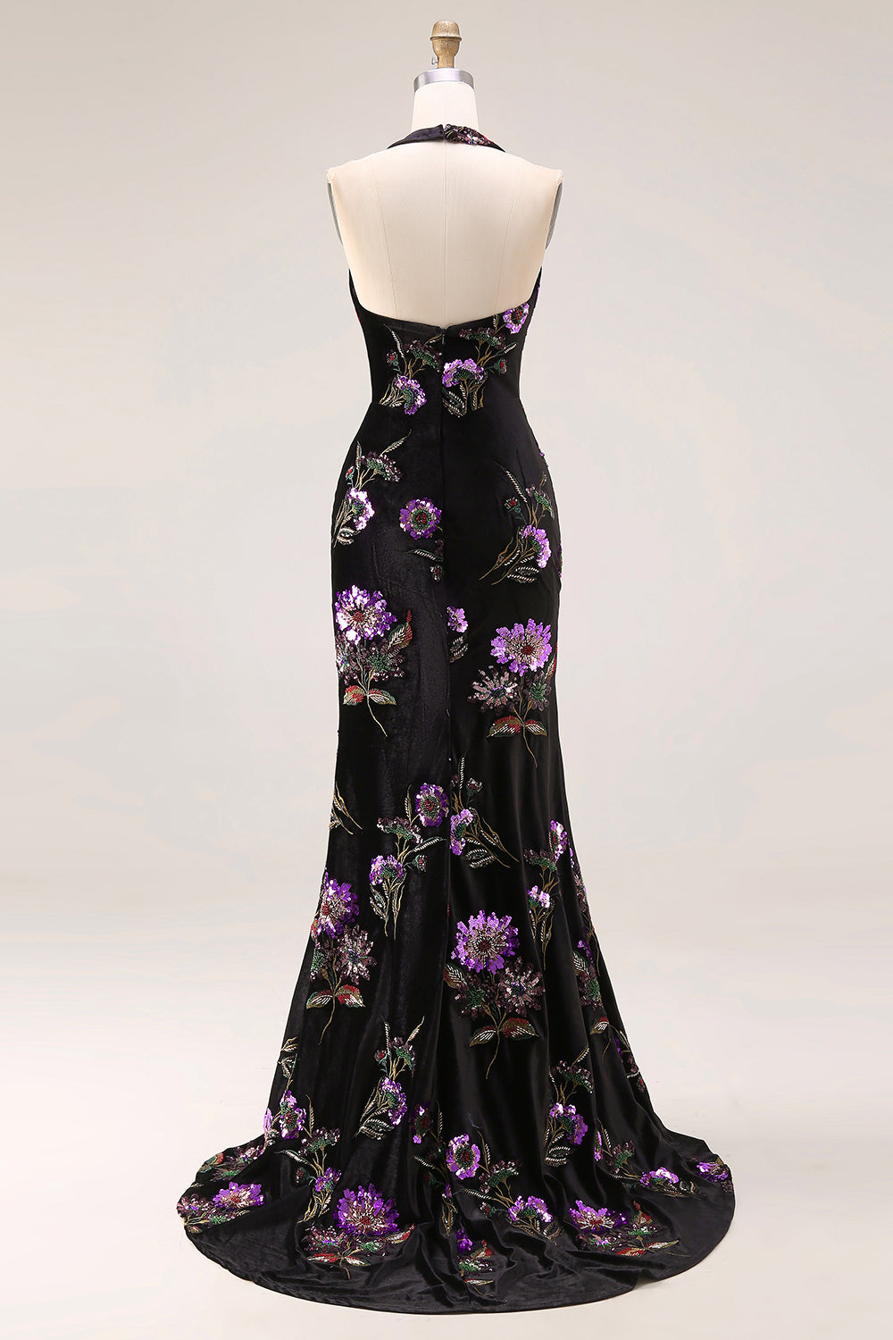 Sparkly Black Floral Halter Mermaid Backless Long Prom Dress with Slit