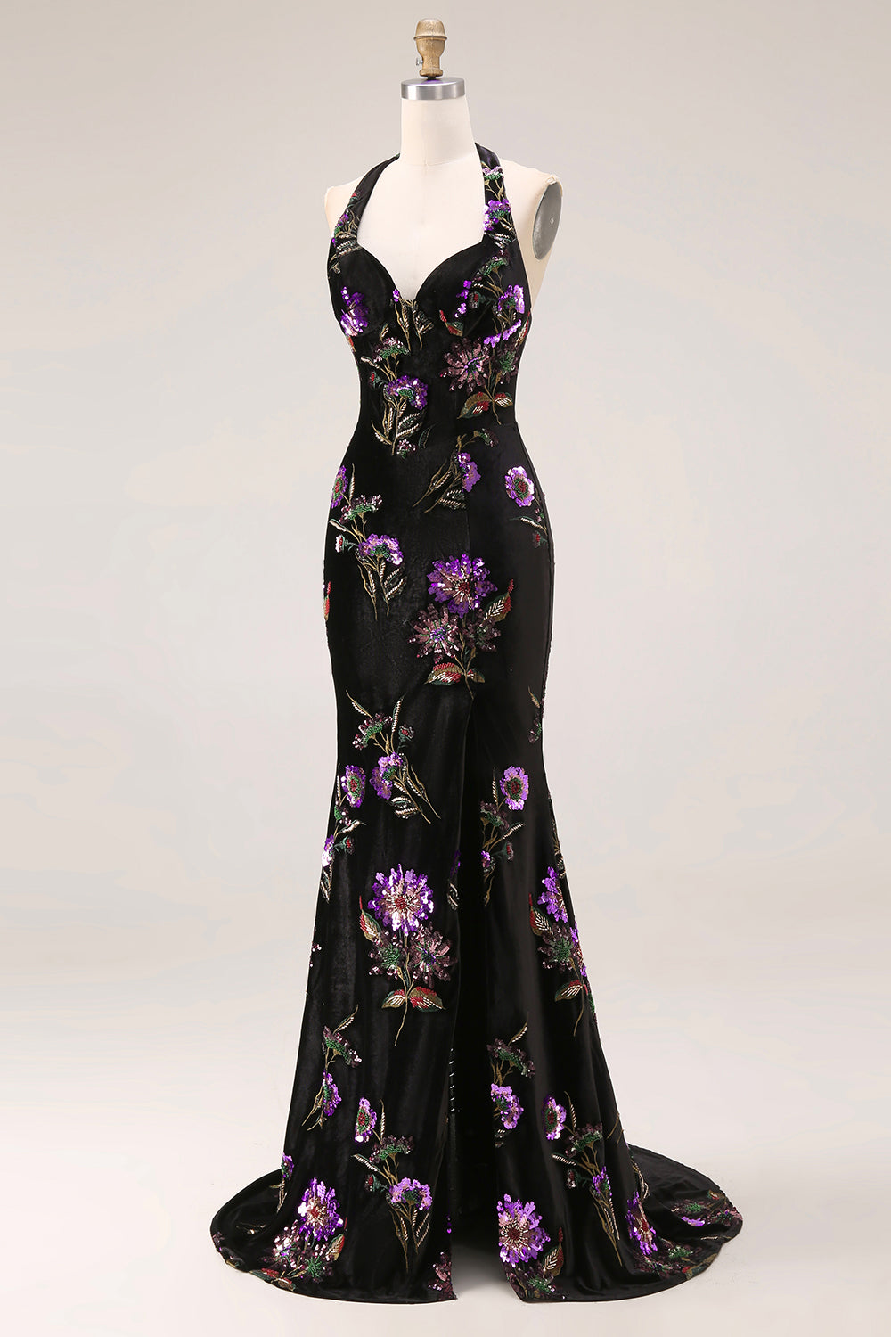 Sparkly Black Floral Halter Mermaid Backless Long Prom Dress with Slit