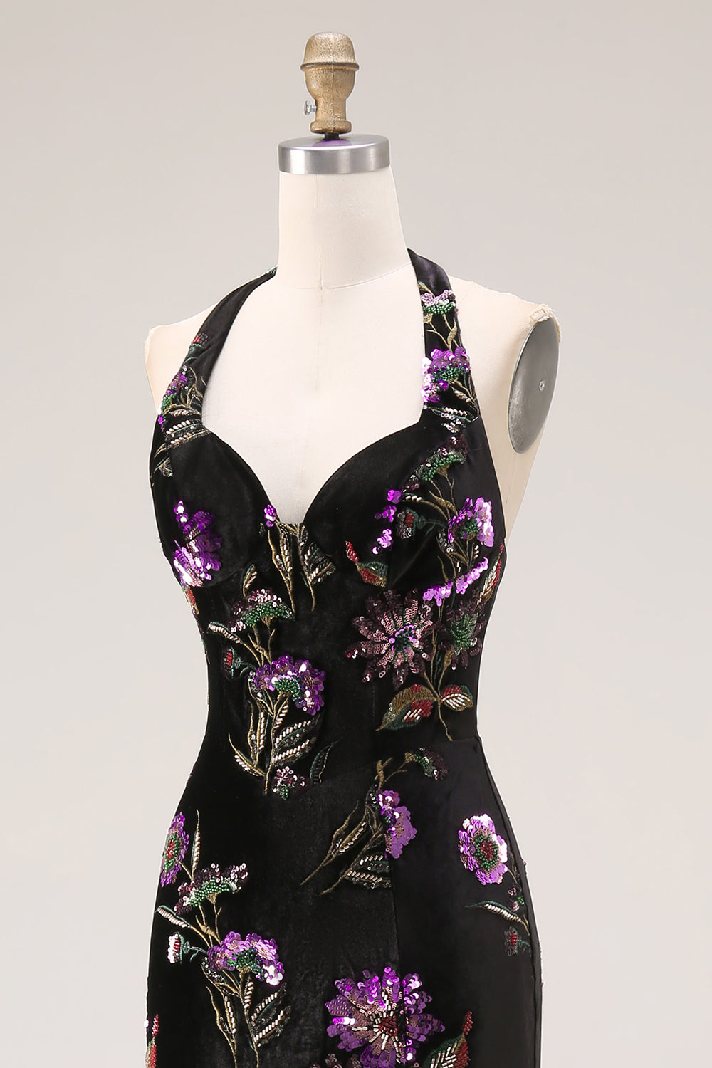 Sparkly Black Floral Halter Mermaid Backless Long Prom Dress with Slit