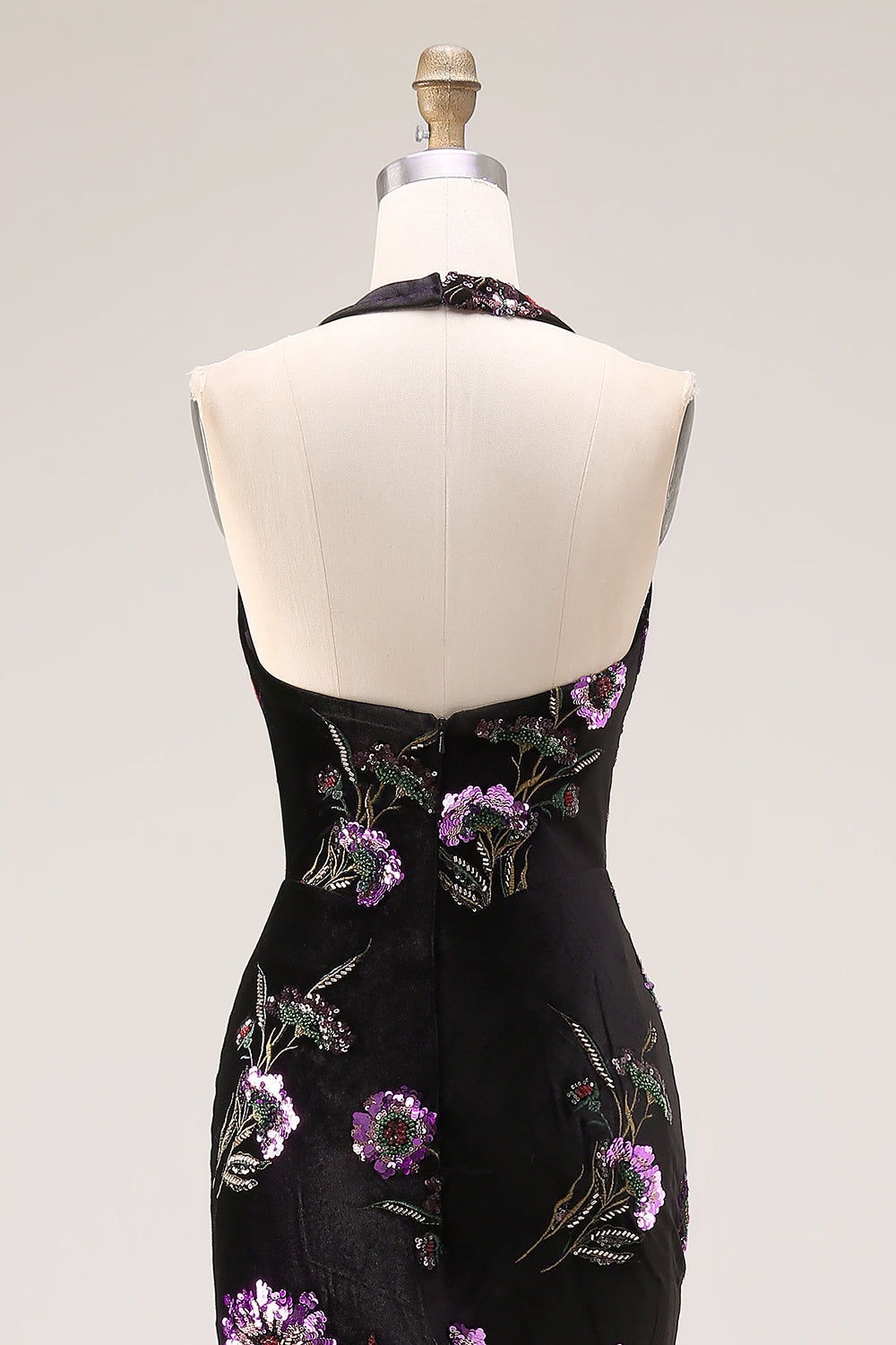 Sparkly Black Floral Halter Mermaid Backless Long Prom Dress with Slit