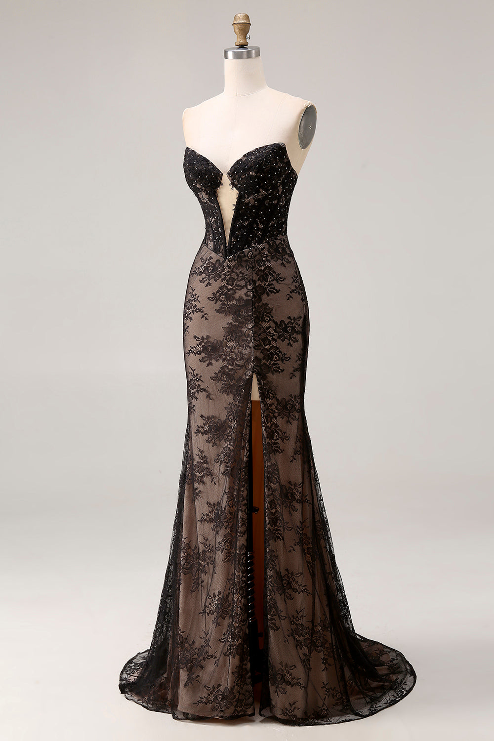 Sparkly Black Lace Floral Mermaid Long Corset Prom Dress with Keyhole