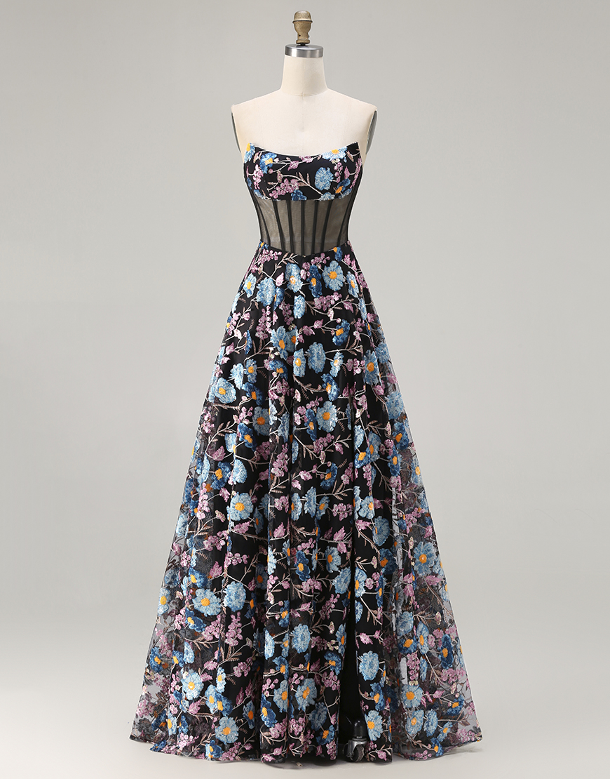 Floral Black Corset Strapless A-Line Long Prom Dress