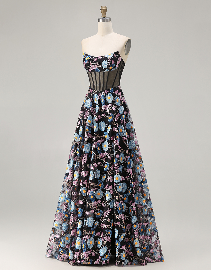 Floral Black Corset Strapless A-Line Long Prom Dress