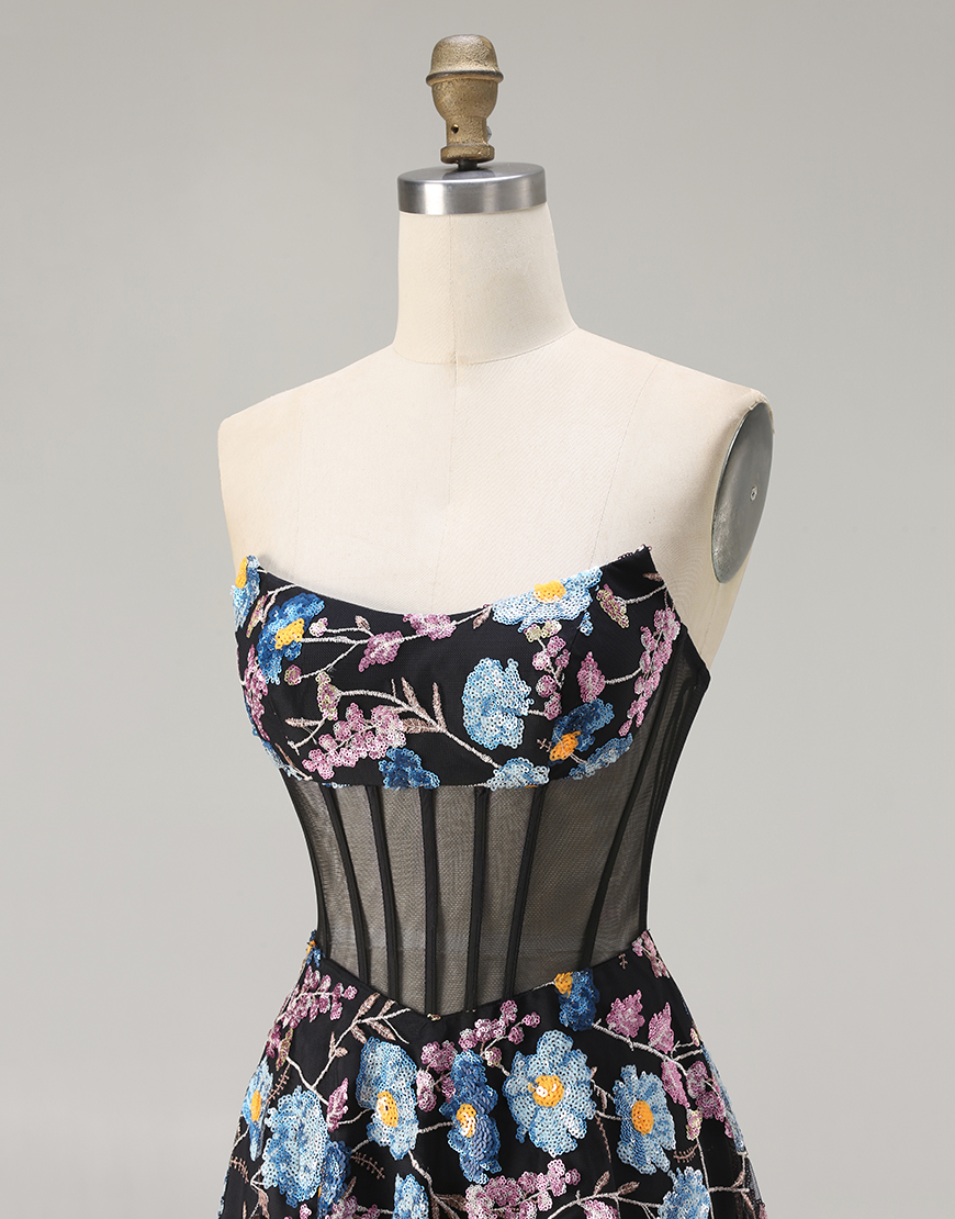 Floral Black Corset Strapless A-Line Long Prom Dress