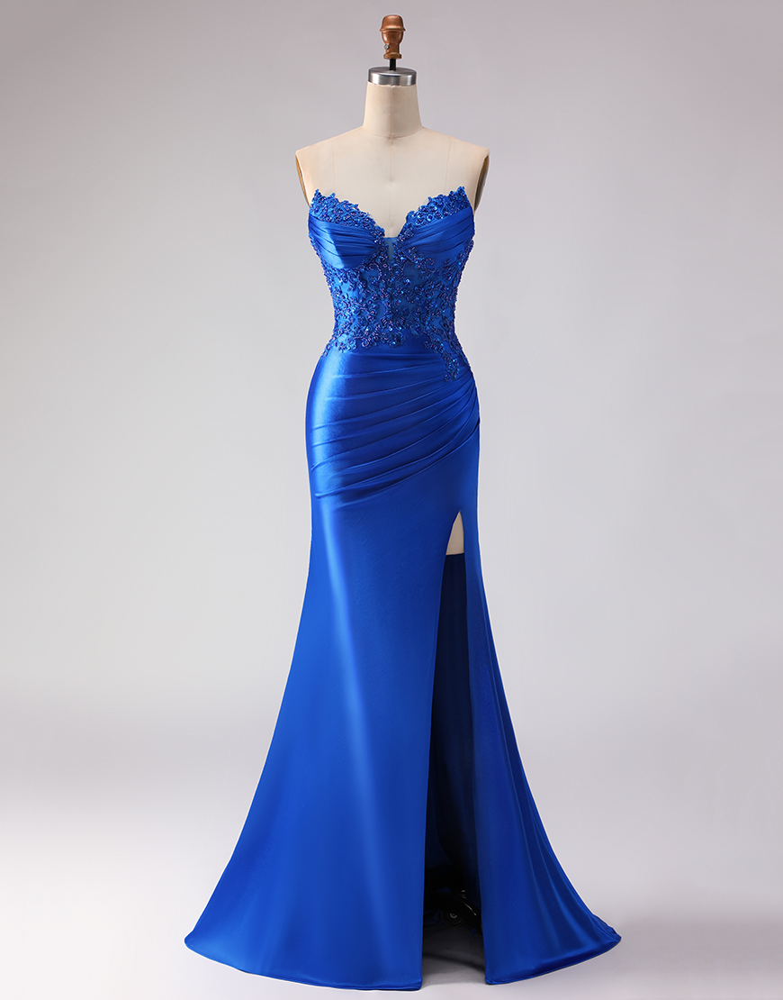 Sparkly Royal Blue Mermaid Beaded Satin Long  Prom Dress with Slit