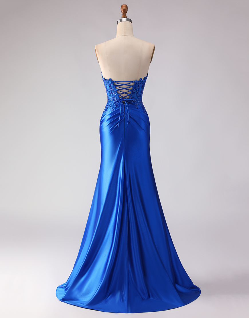 Sparkly Royal Blue Mermaid Beaded Satin Long  Prom Dress with Slit