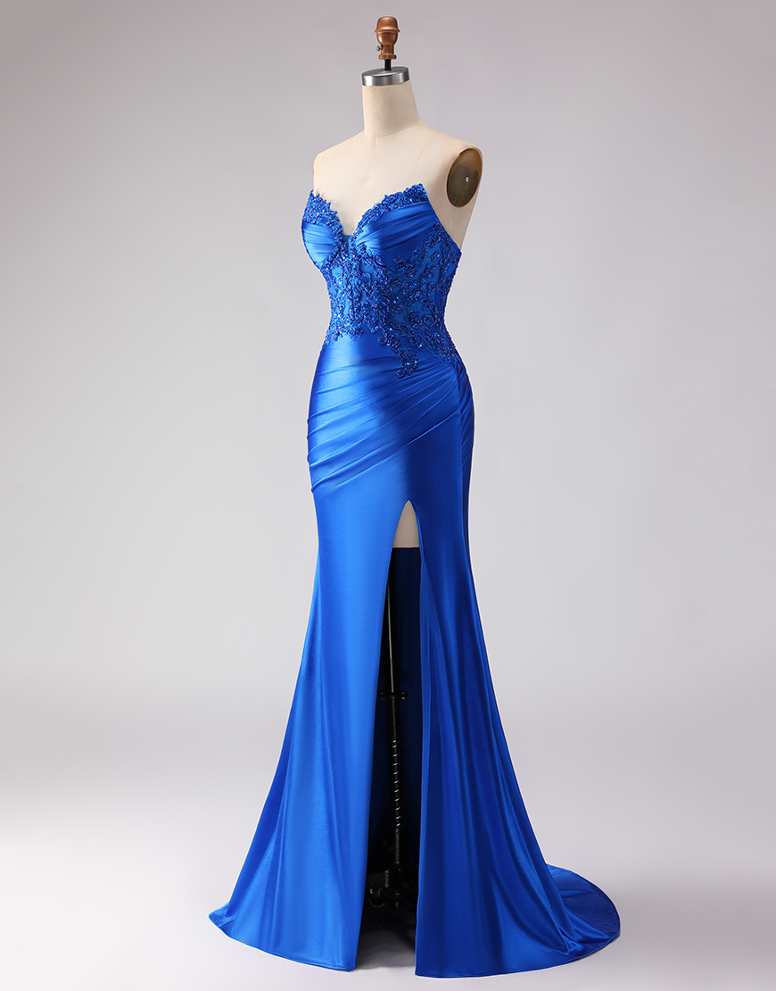 Sparkly Royal Blue Mermaid Beaded Satin Long  Prom Dress with Slit