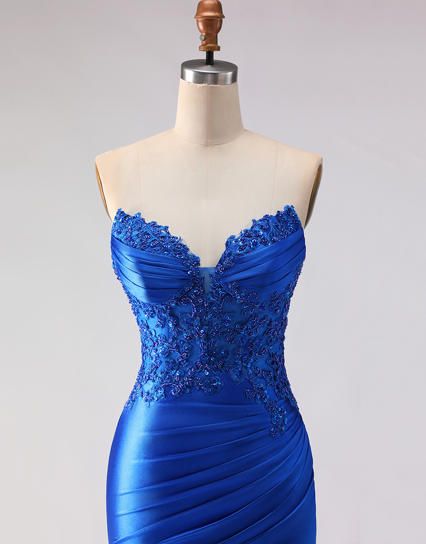 Sparkly Royal Blue Mermaid Beaded Satin Long  Prom Dress with Slit