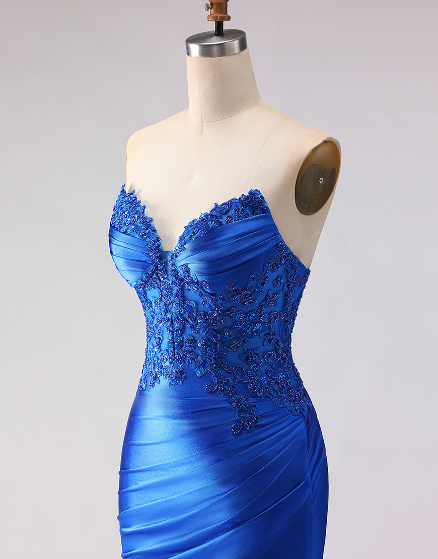 Sparkly Royal Blue Mermaid Beaded Satin Long  Prom Dress with Slit