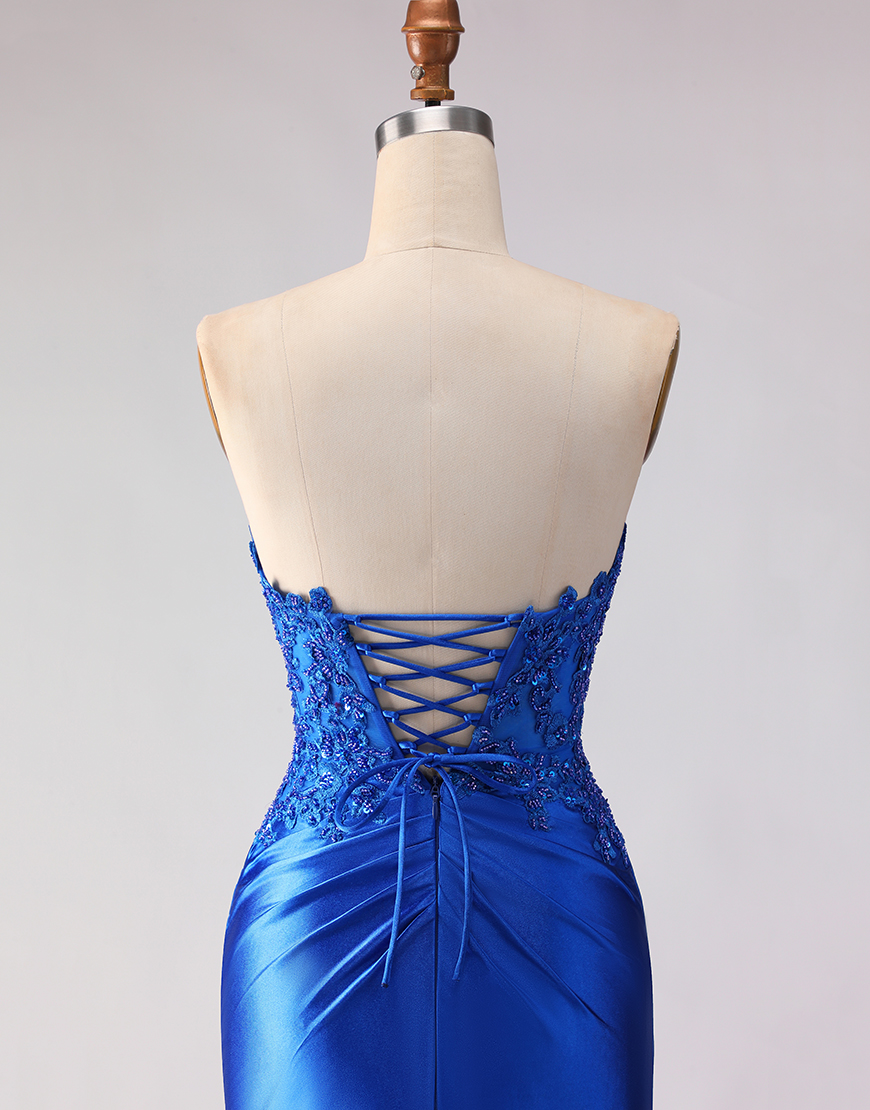 Sparkly Royal Blue Mermaid Beaded Satin Long  Prom Dress with Slit