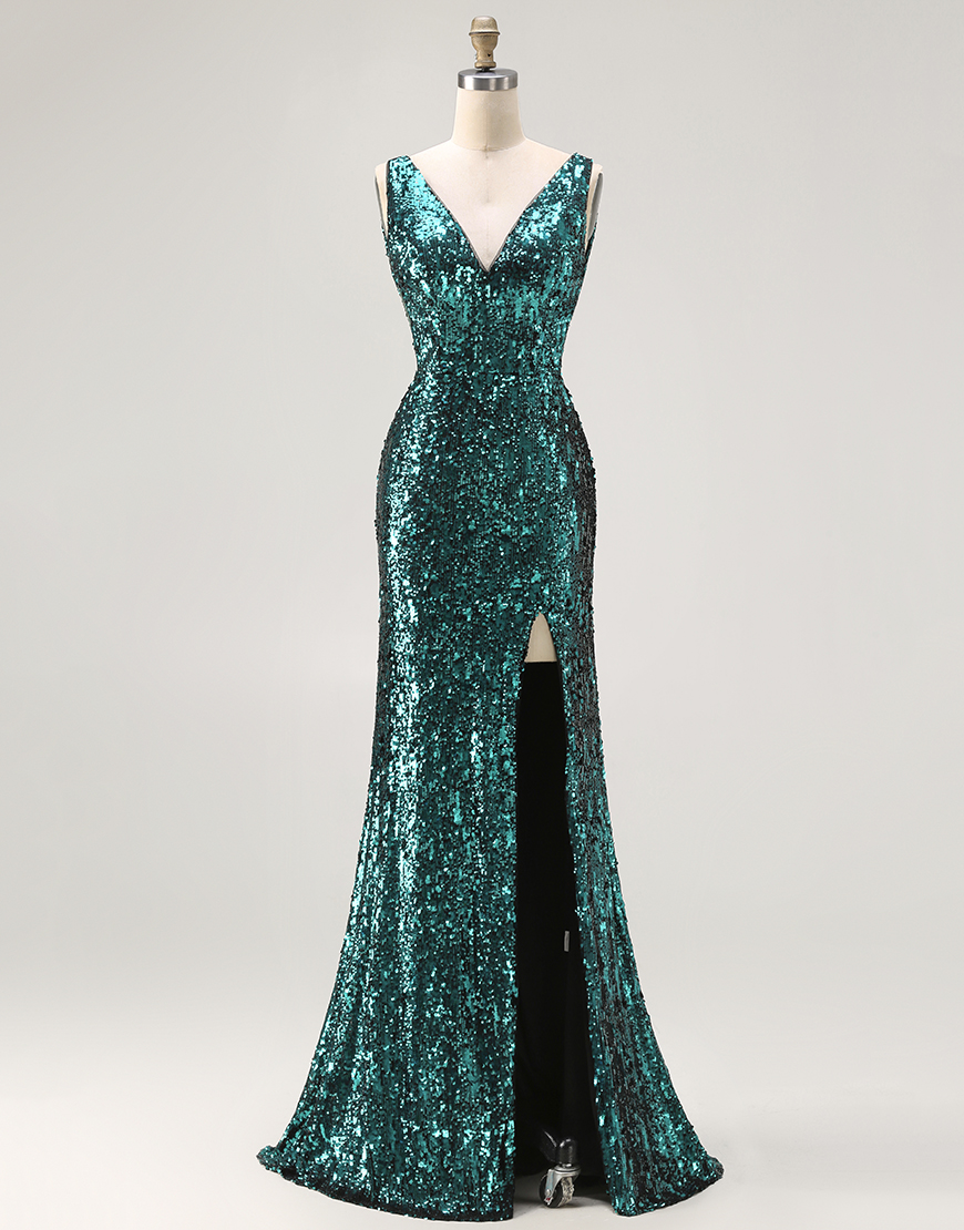Sparkly Peacock Green V-Neck Sequin Long Prom Dress with Slit