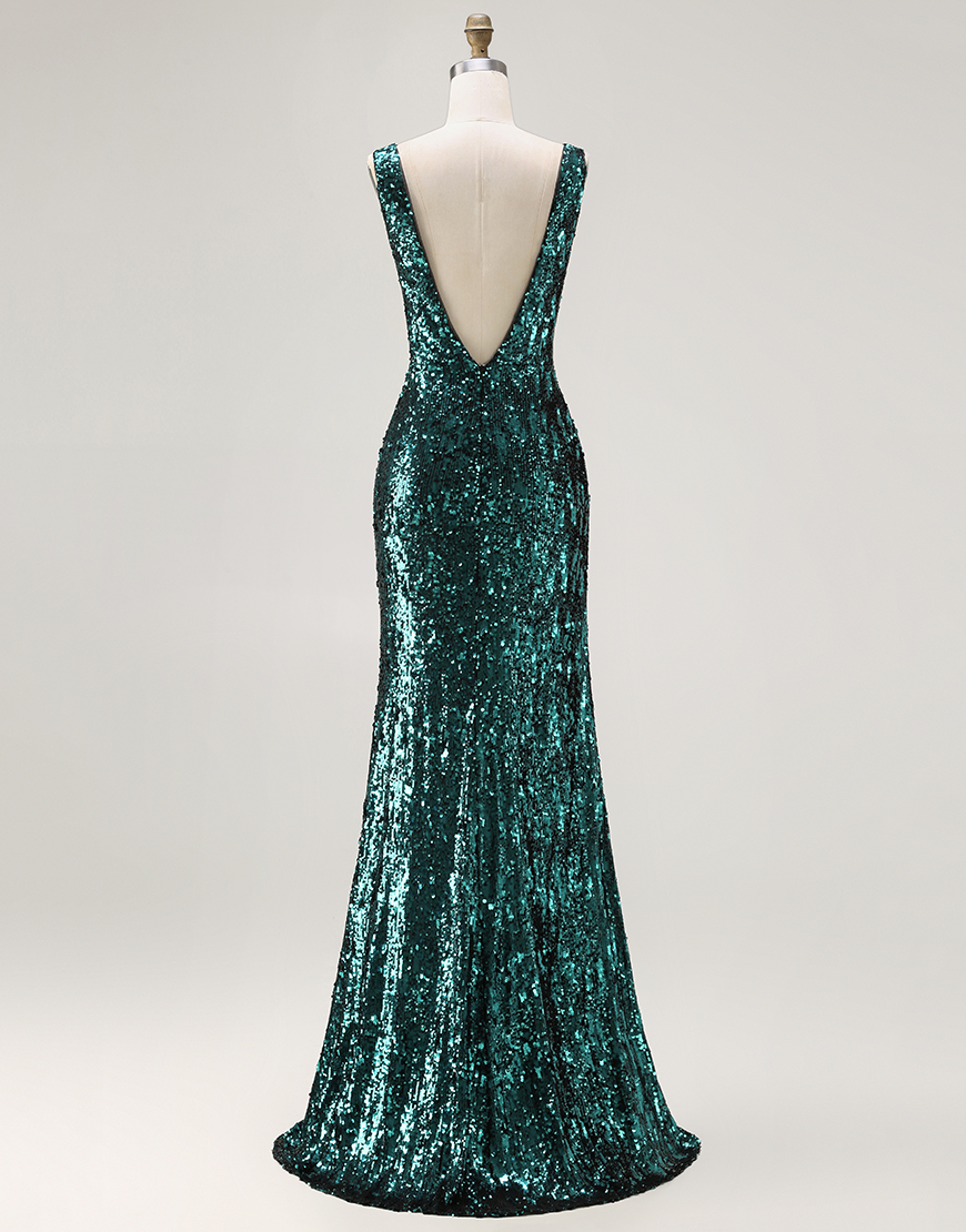 Sparkly Peacock Green V-Neck Sequin Long Prom Dress with Slit