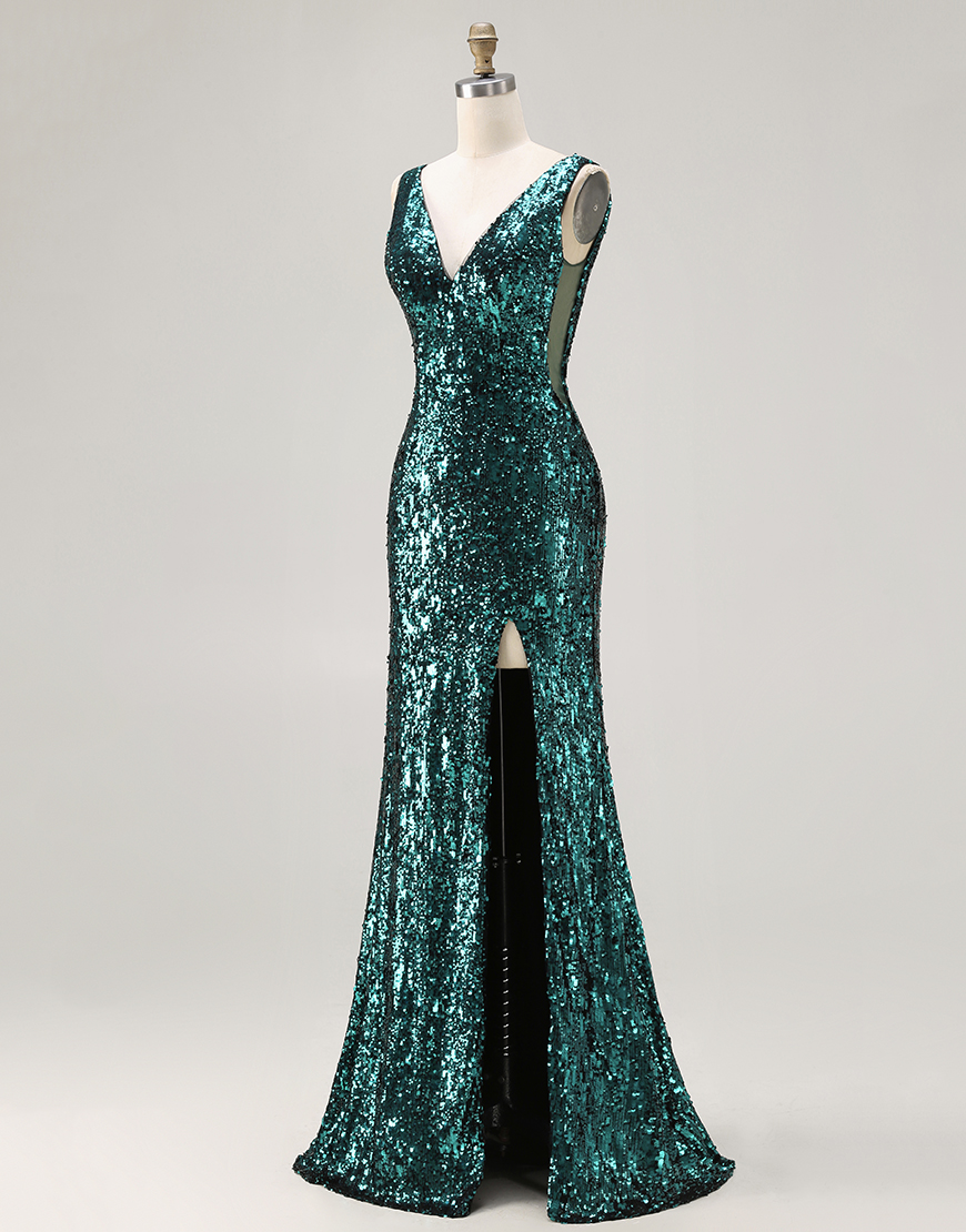 Sparkly Peacock Green V-Neck Sequin Long Prom Dress with Slit