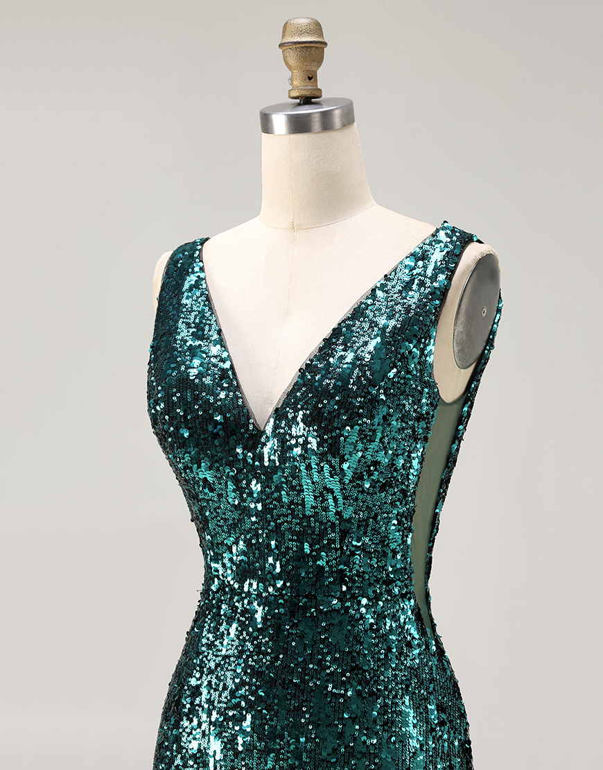 Sparkly Peacock Green V-Neck Sequin Long Prom Dress with Slit