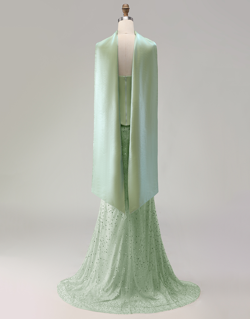 Sparkly Sage Green Mermaid Scarf Neck Long Prom Dress with Beading