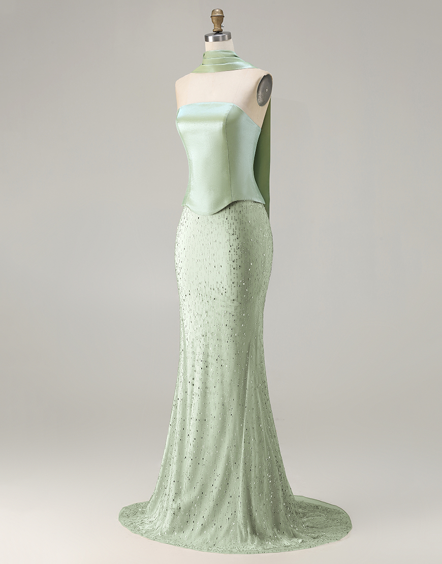 Sparkly Sage Green Mermaid Scarf Neck Long Prom Dress with Beading