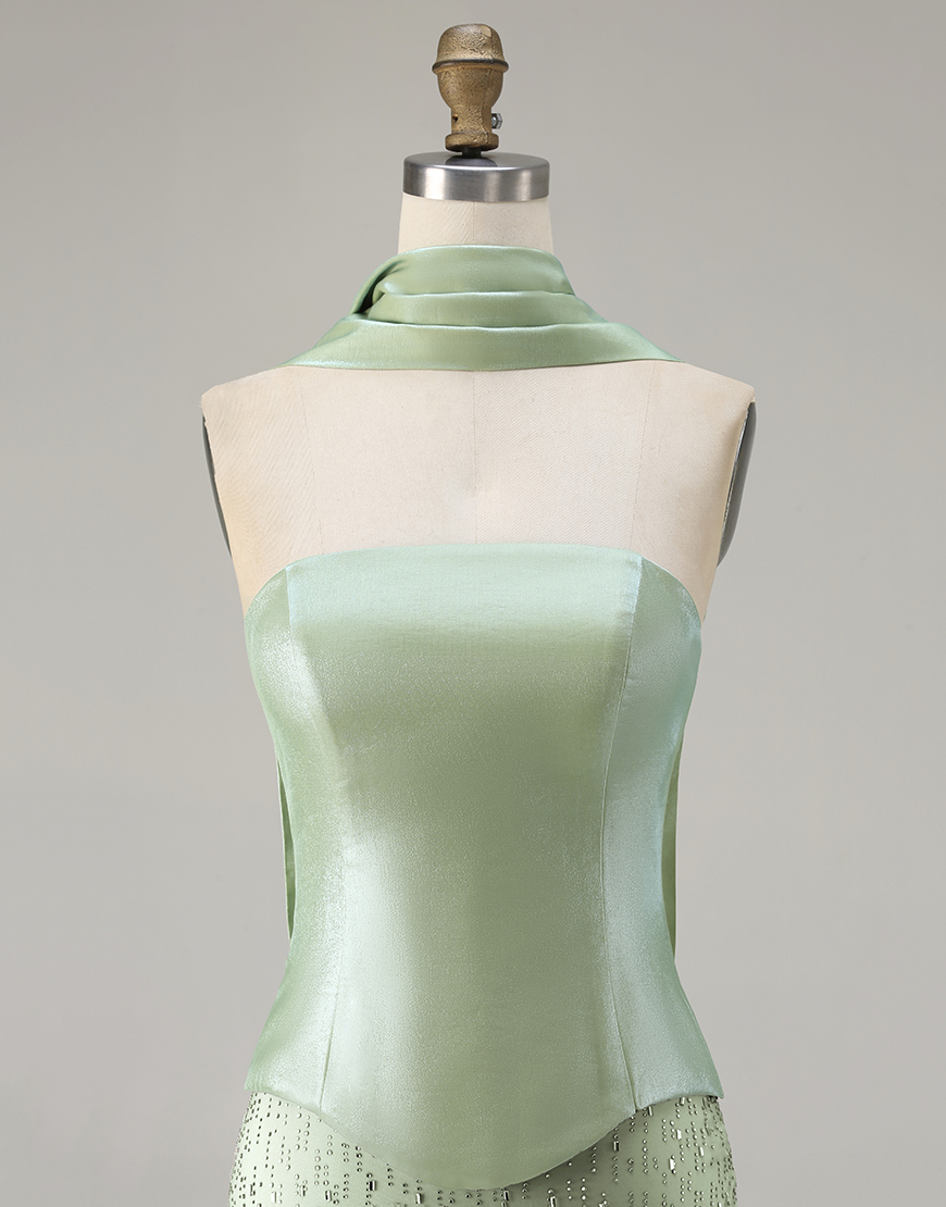 Sparkly Sage Green Mermaid Scarf Neck Long Prom Dress with Beading