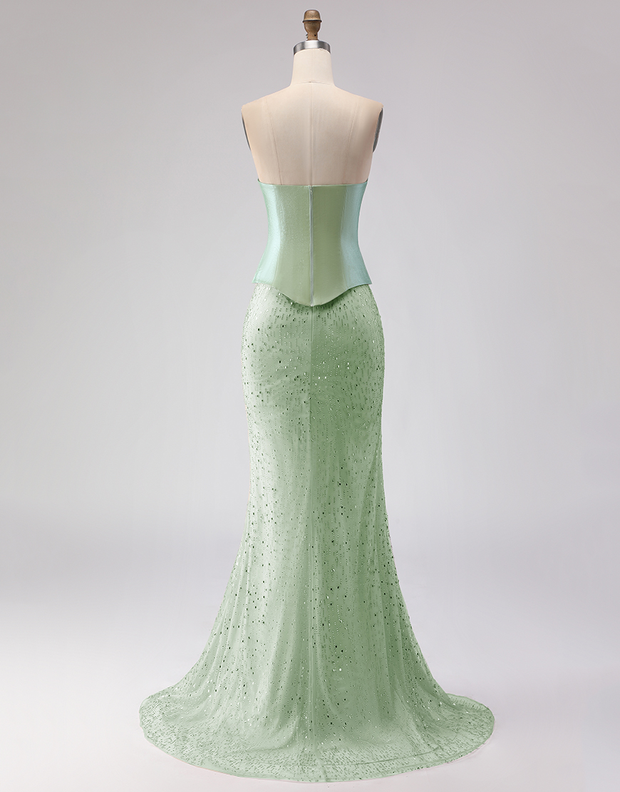 Sparkly Sage Green Mermaid Scarf Neck Long Prom Dress with Beading