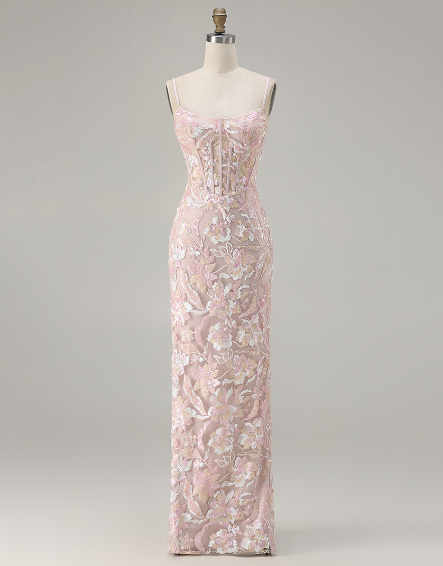 Sparkly Blush Pink Floral Sequin Corset Sheath Long Prom Dress