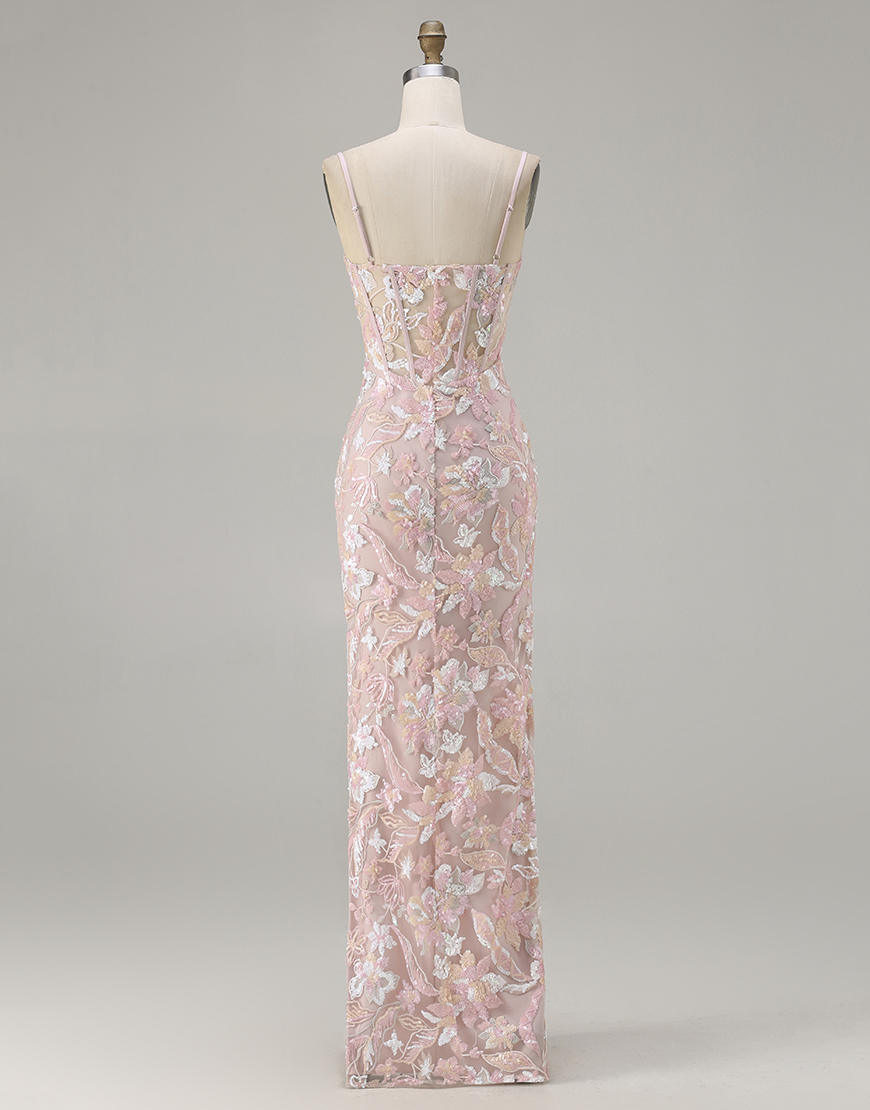 Sparkly Blush Pink Floral Sequin Corset Sheath Long Prom Dress