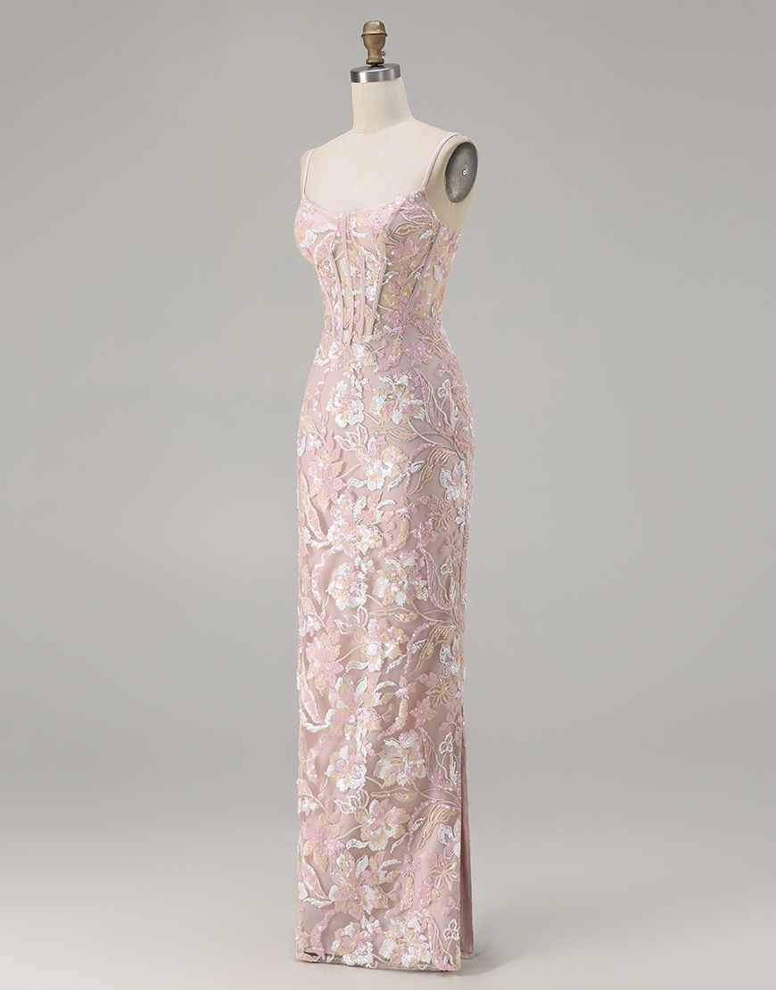 Sparkly Blush Pink Floral Sequin Corset Sheath Long Prom Dress