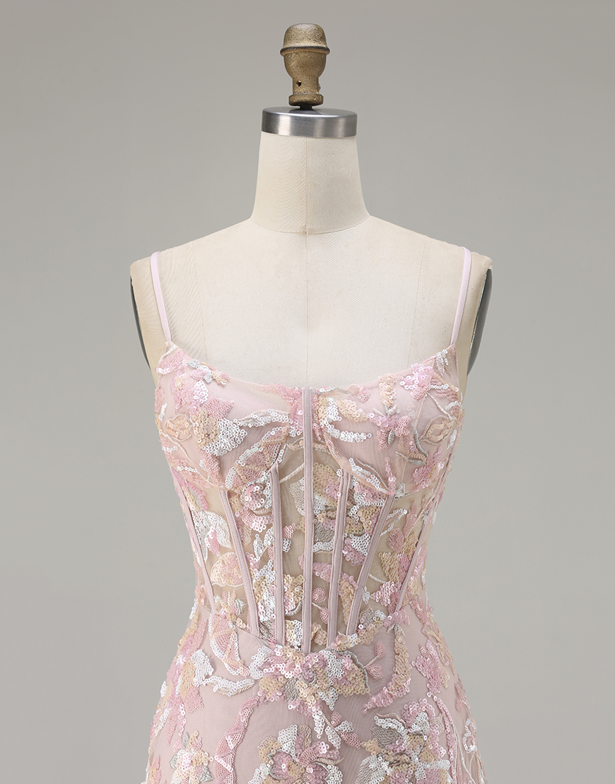 Sparkly Blush Pink Floral Sequin Corset Sheath Long Prom Dress