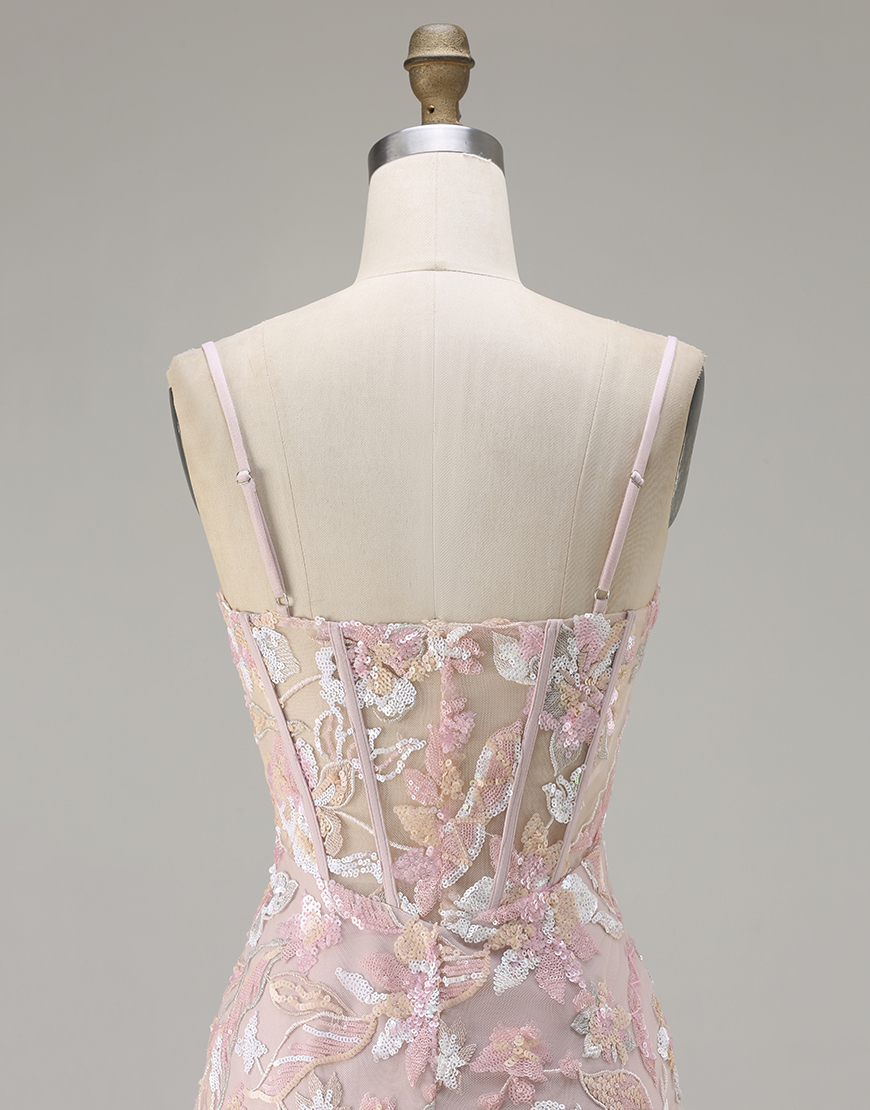 Sparkly Blush Pink Floral Sequin Corset Sheath Long Prom Dress