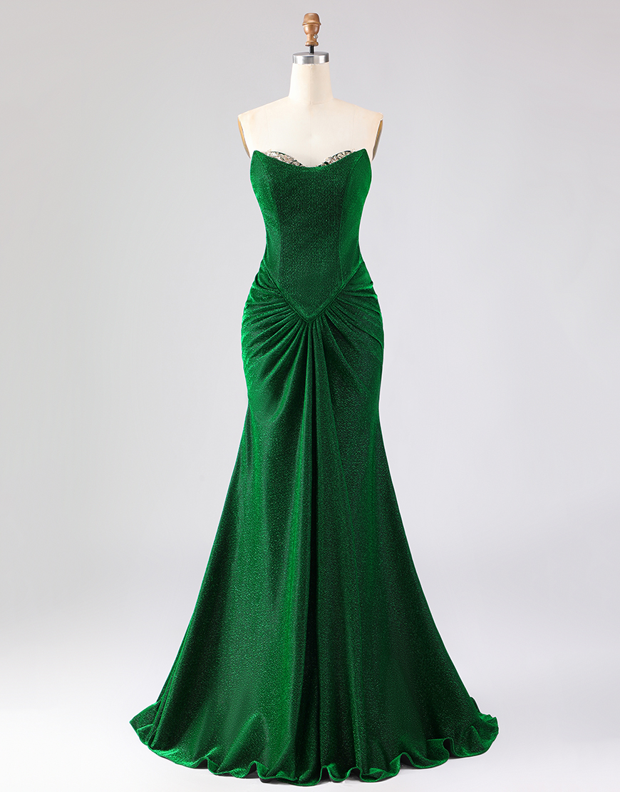 Sparkly Dark Green Ruched Mermaid Long Prom Dress with Rhinestone