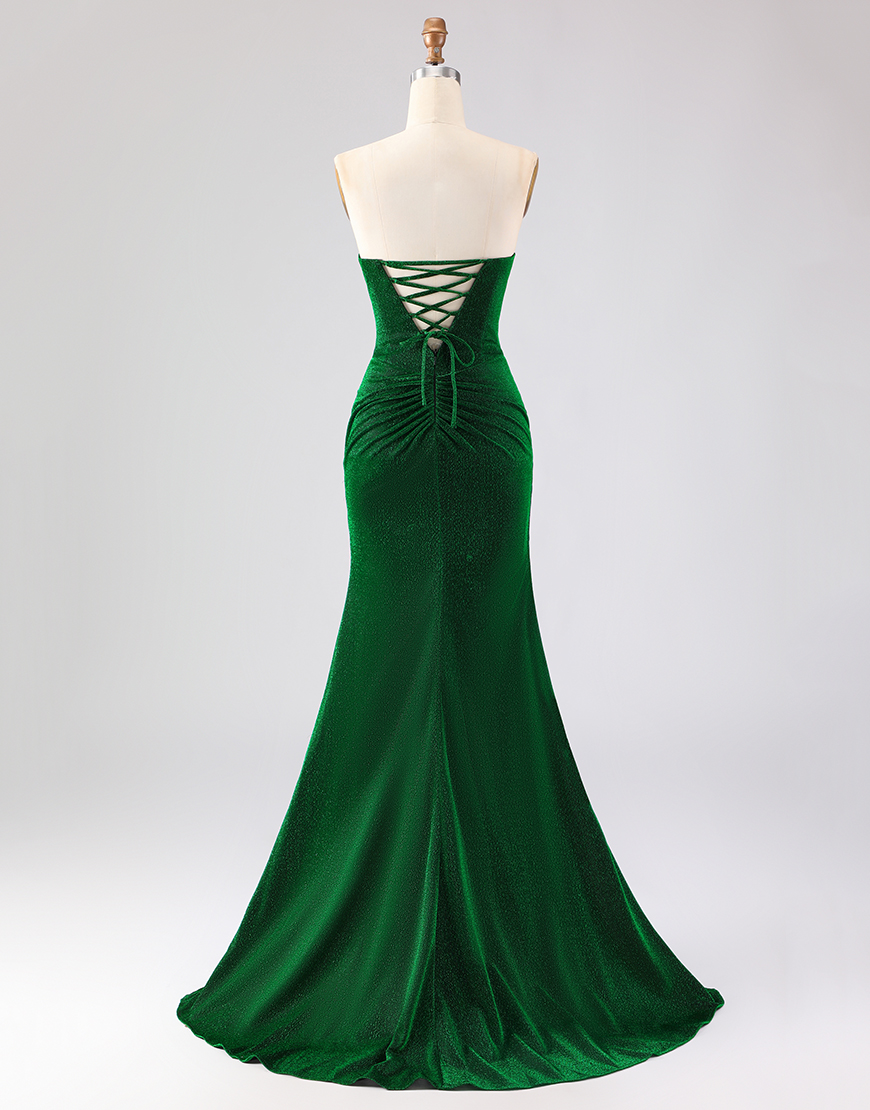 Sparkly Dark Green Ruched Mermaid Long Prom Dress with Rhinestone