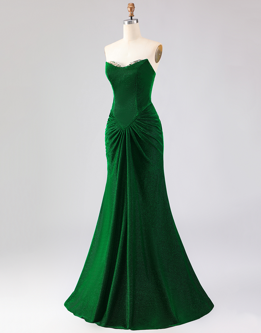 Sparkly Dark Green Ruched Mermaid Long Prom Dress with Rhinestone