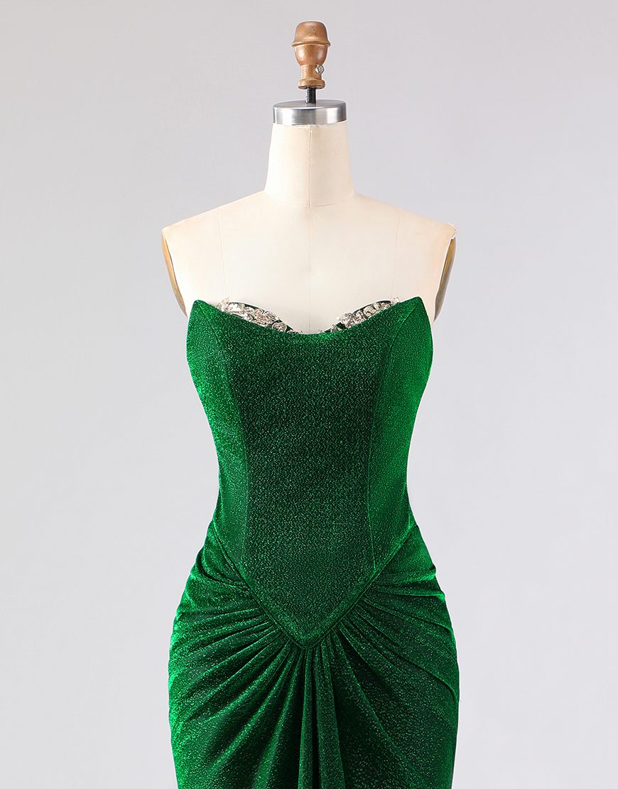 Sparkly Dark Green Ruched Mermaid Long Prom Dress with Rhinestone