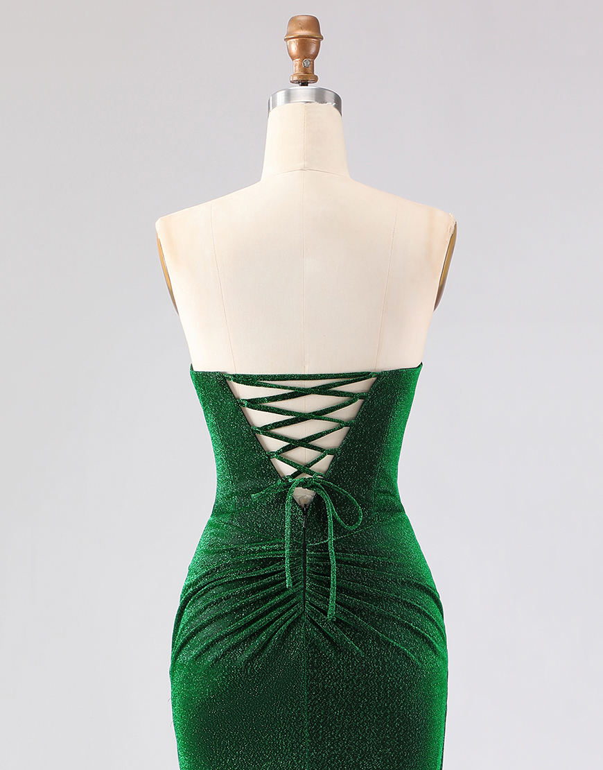 Sparkly Dark Green Ruched Mermaid Long Prom Dress with Rhinestone