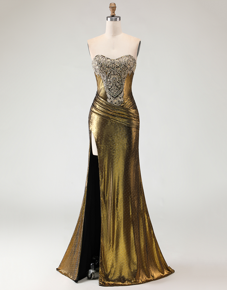 Sparkly Mermaid Bronze Long Metallic Prom Dress with Slit