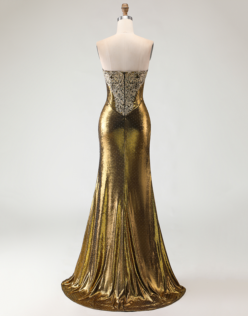 Sparkly Mermaid Bronze Long Metallic Prom Dress with Slit